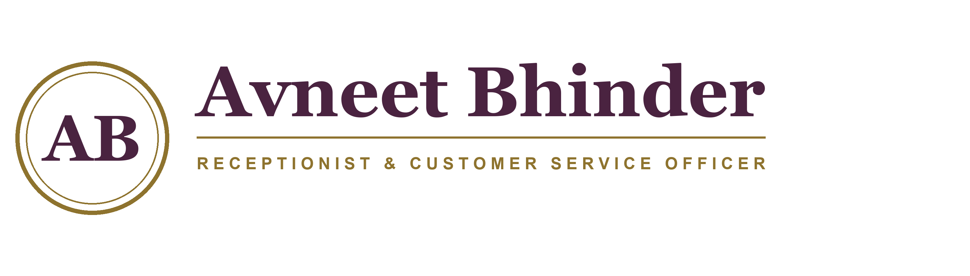 CAQA Groups logo featuring Avneet Bhinder's details as Receptionist and Customer Service Officer.