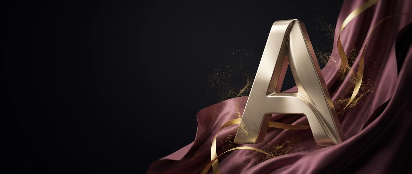 Sculpted gold letter A on plum silk &mdash; signature artwork for Avneet Bhinder